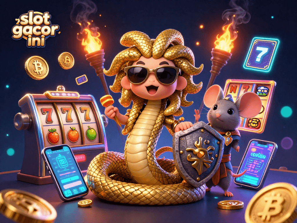 Winning at slot gacor malam ini in a vibrant casino with Medusa and a warrior mouse.