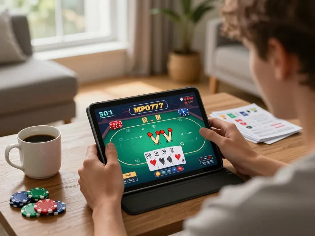 Pemain MPO777 menikmati permainan poker online di tablet di ruang tamu yang nyaman, menekankan permainan mobile.