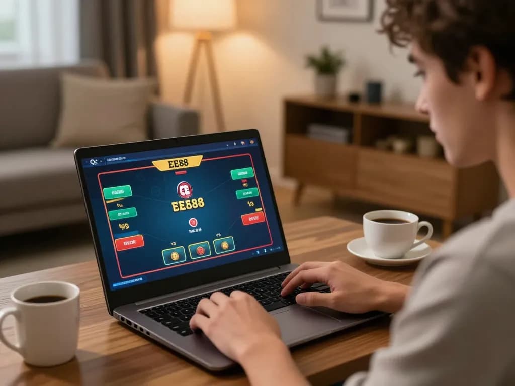Experience thrilling poker action at EE88 with a laptop gaming setup in a cozy living room