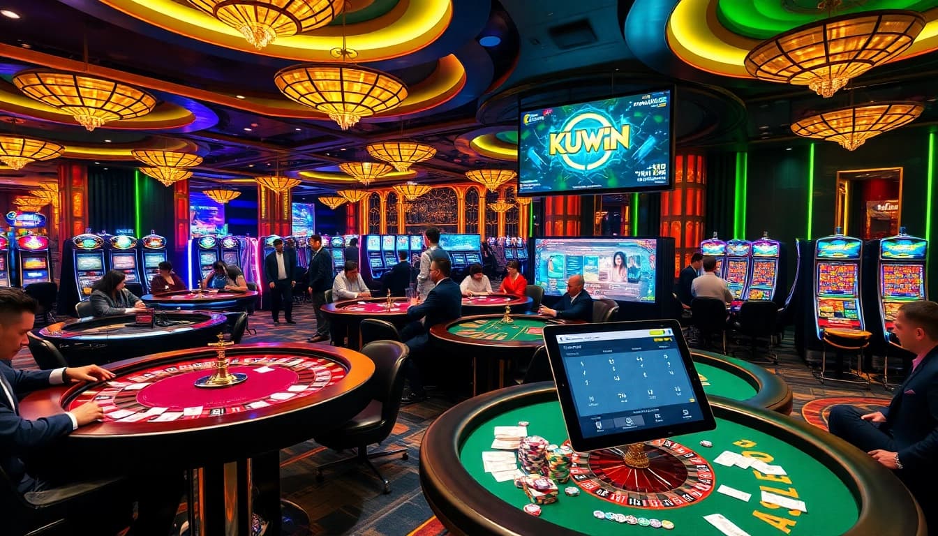 Engaging gambling experience at https://kuwinblog.com/ with poker tables and slot machines.