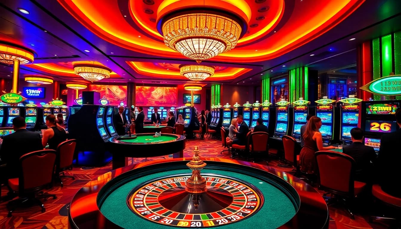 Players winning at the 13win casino, showcasing poker chips and roulette excitement.
