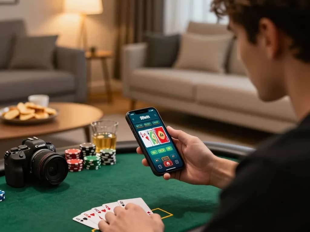 Engaging with the app 98win on a smartphone while enjoying a cozy home poker game.