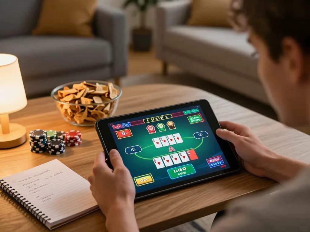 Player enjoying online casino gaming on a tablet with 100vip interface, showcasing strategic gameplay.