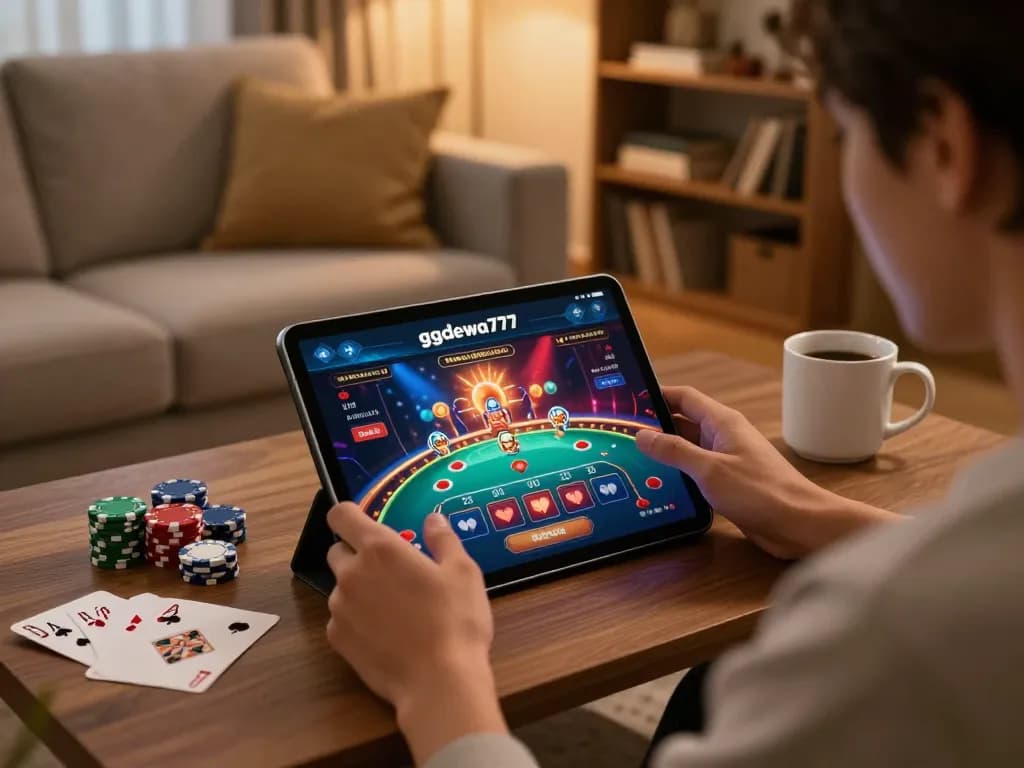 Engaging with the ggdewa777 casino app on a stylish tablet in a cozy home setup, showcasing responsible online gaming.