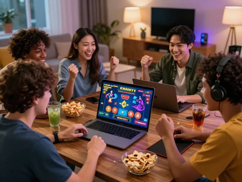Engaged friends enjoying online gaming at Nhà Cái Kuwin, celebrating victories together.