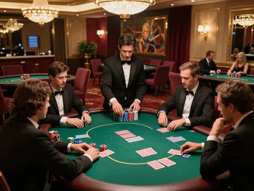 VIPwin players enjoying an exclusive poker game in an elegant casino setting with luxurious decor.
