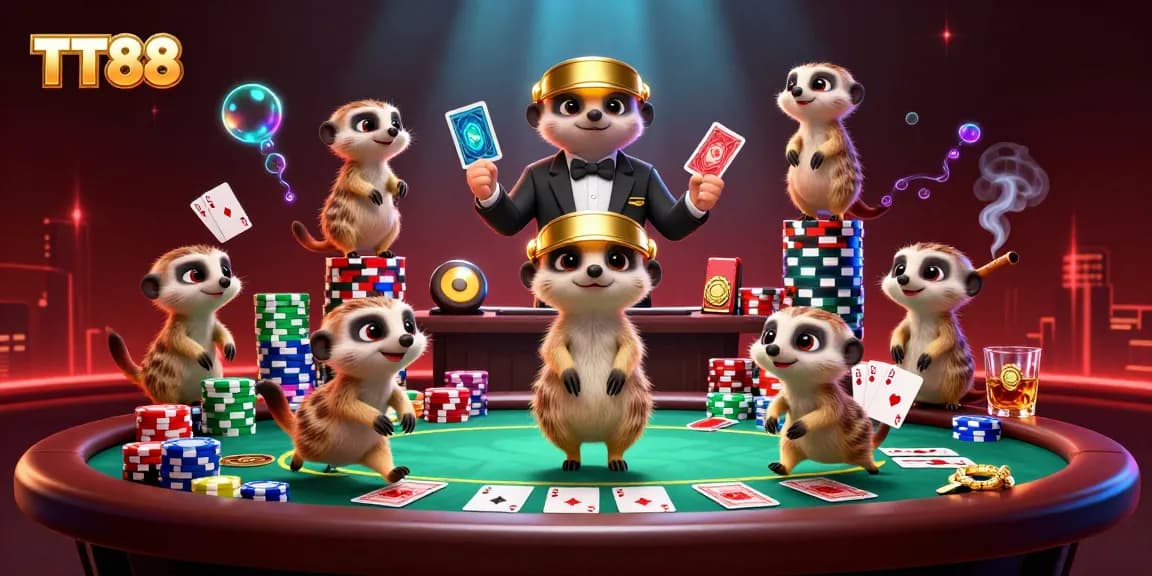 Meerkats manage a vibrant TT88 casino scene, showcasing poker excitement with colorful chips.