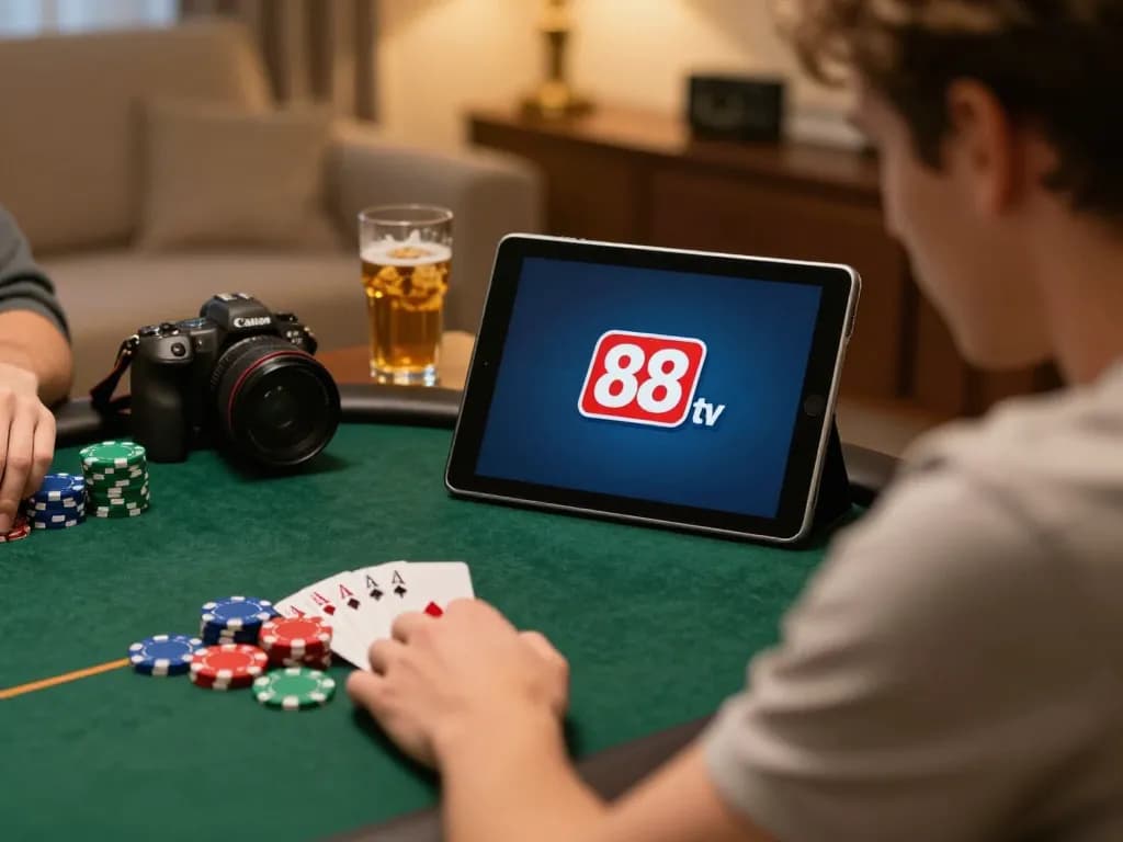 Engage in strategic online poker gameplay with red88 tv in a cozy home setting.