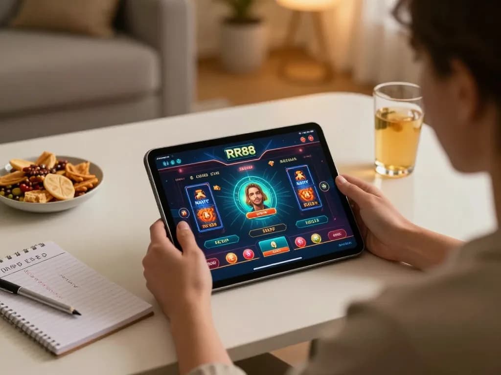Playing exciting RR88 NAVY online casino games on tablet at home, creating a cozy gaming experience.