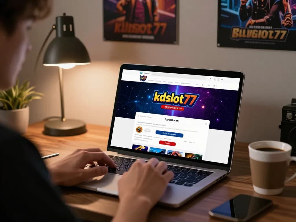 Player engaging with kdslot77 online slot games on laptop with cozy setup.