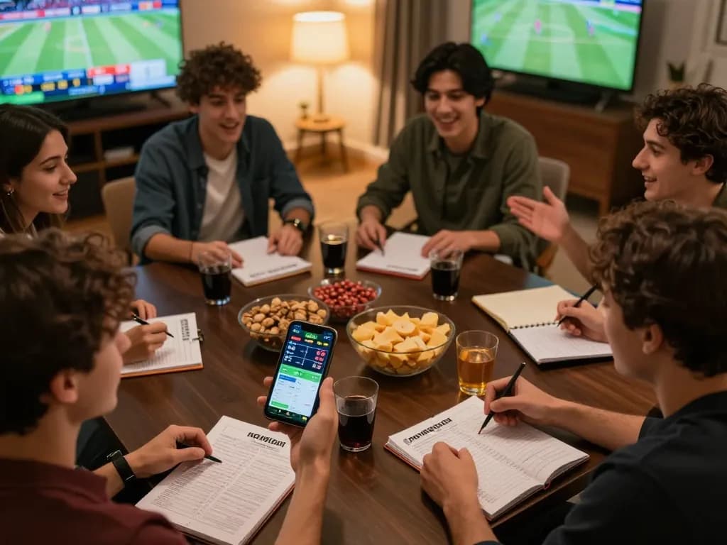 Friends engaging in sports betting using the nowgoal app for live odds and scores.