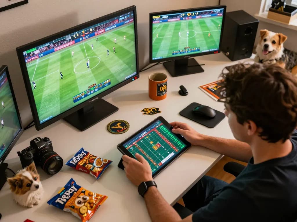 Soi Kèo expert placing bets on a tablet during an online sports betting session in a relaxed home setting.