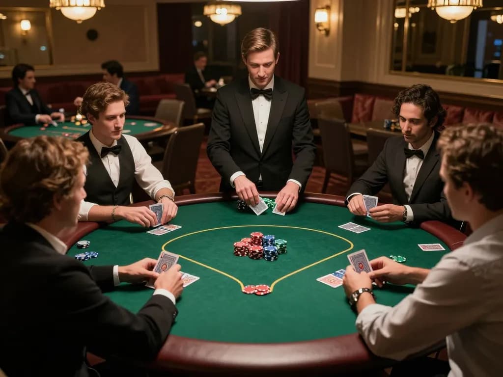 Players strategizing around a poker table in a luxurious casino, showcasing the excitement of tr88 gaming