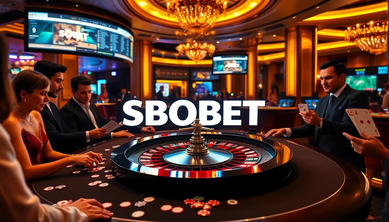 SBOBET logo displayed on a glamorous roulette table amidst players enjoying a luxurious casino experience.