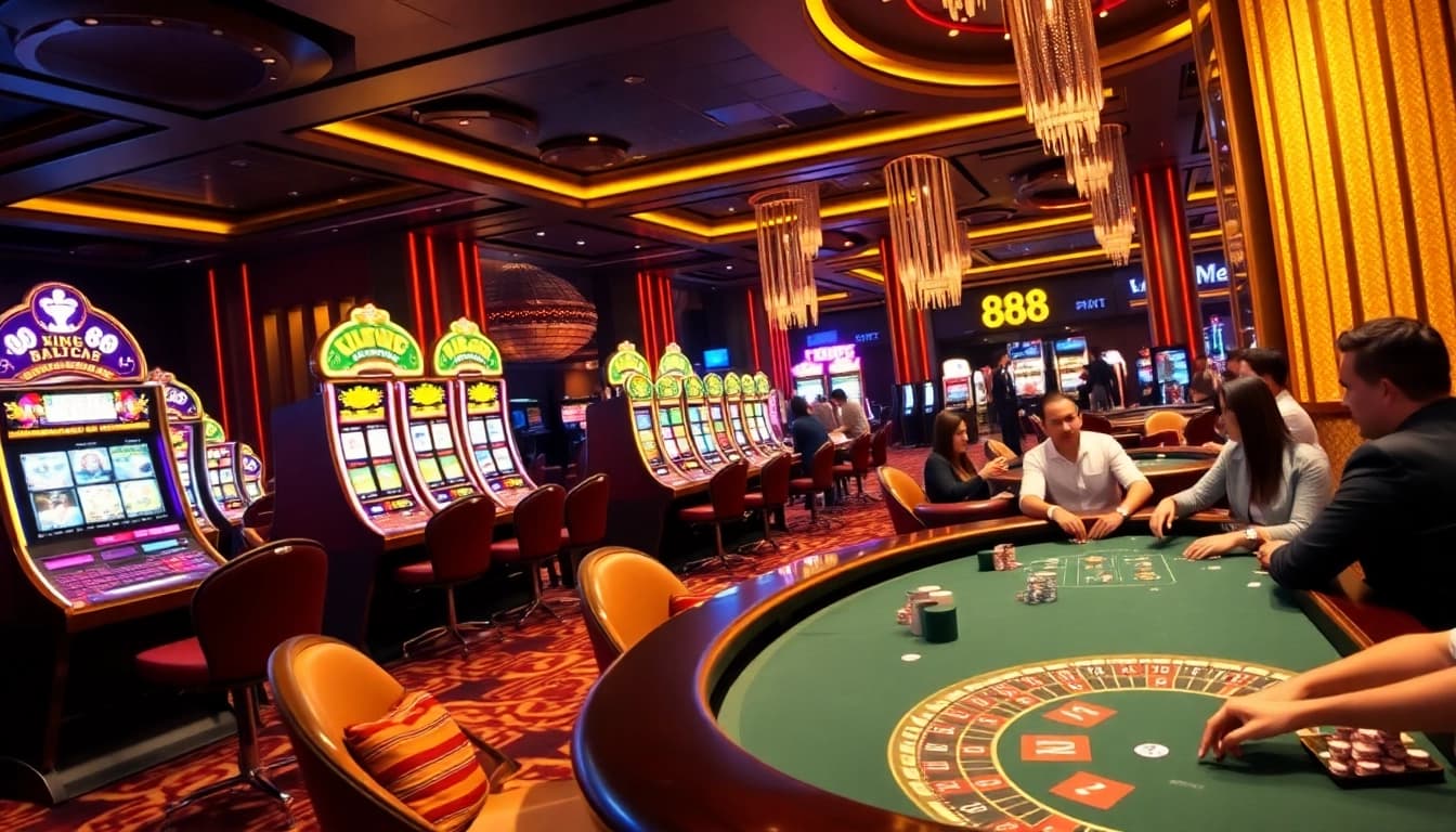 Players enjoying a thrilling game at KING88 casino with vibrant slot machines and poker tables.