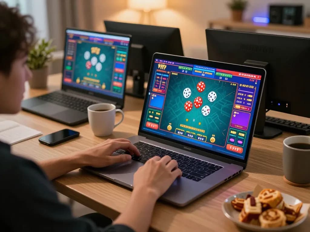 Tài xỉu online gameplay on laptop at home, showcasing excitement in a cozy environment