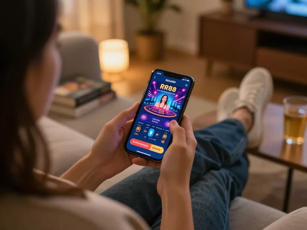 Engaging with the RR88 App on smartphone in a cozy home environment, emphasizing responsible gaming.