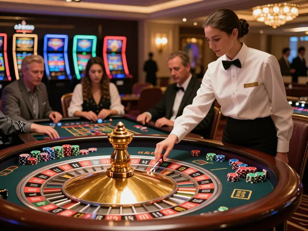 Engaging players at a roulette table in a non gamstop casino, showcasing a dynamic gaming atmosphere with vibrant chips and elegant decor.