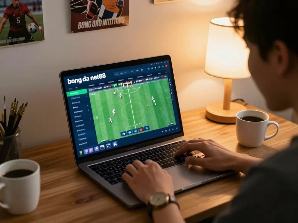 Person engaging with the 'bong da net88' sports betting platform on a laptop at home, analyzing odds and betting strategies