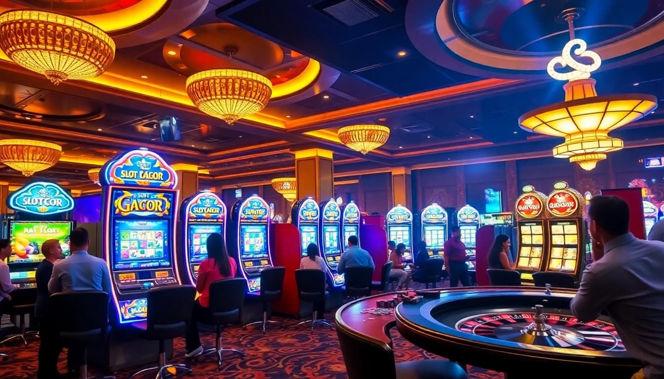 Engaging players at a luxurious casino enjoying slot gacor machines under golden lighting.