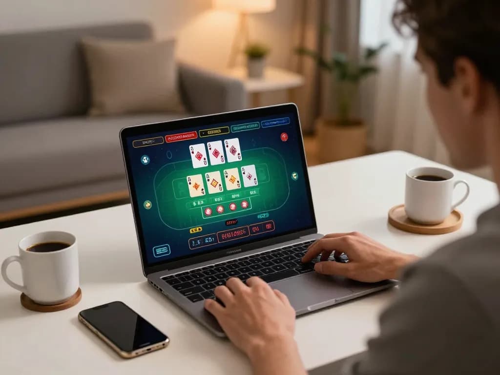 Engaging online gaming experience on tr88 with player using laptop for live casino games.