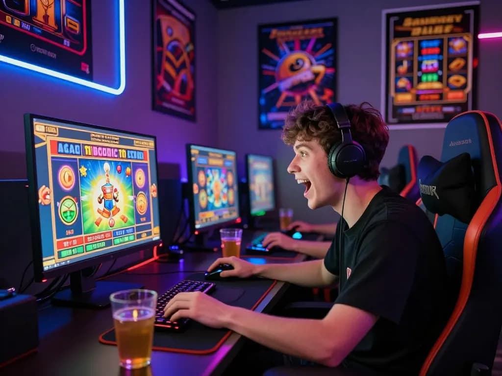 Player enjoying zeus138 online slot game with vibrant graphics and a cozy gaming setup.