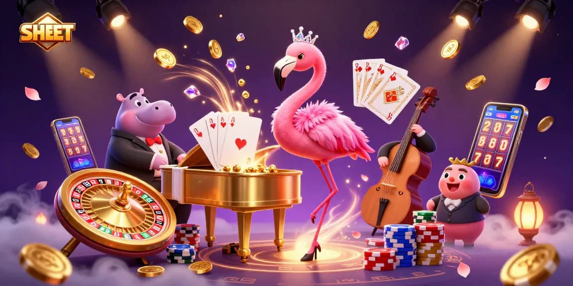 Engaging illustration of SH BET with a flamingo singer and hippo bassist amidst vibrant gaming elements.