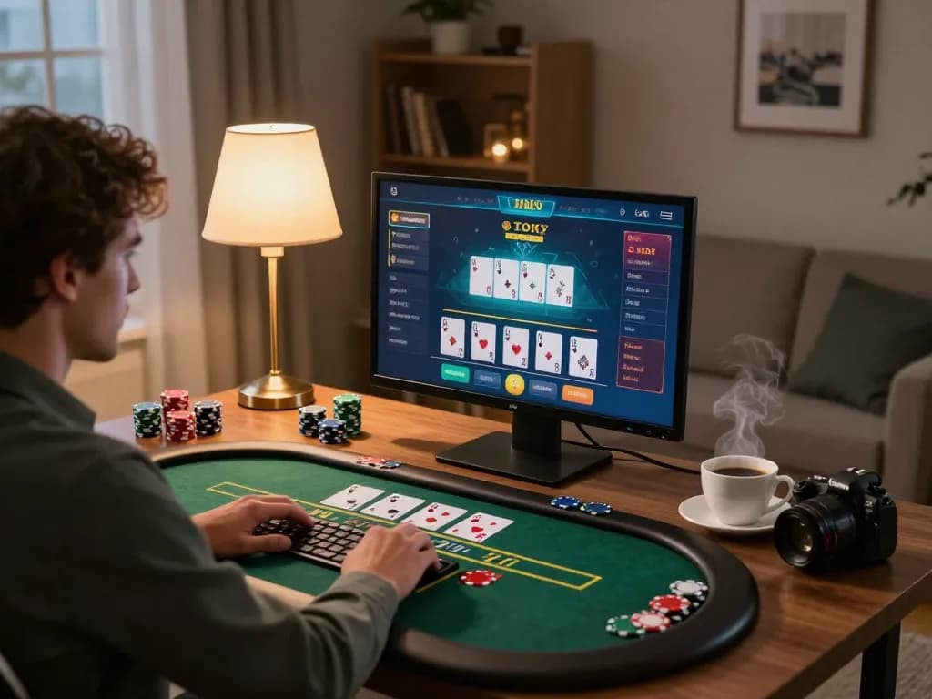 Player engaged in online blackjack at a modern home office, showcasing the reputable nhà cái uy tín environment and strategic gameplay.