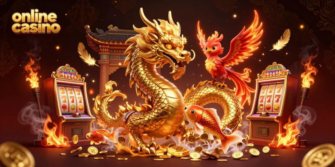 Engage in your favorite online casino games with a vibrant illustration of a golden dragon, phoenix, and koi fish.