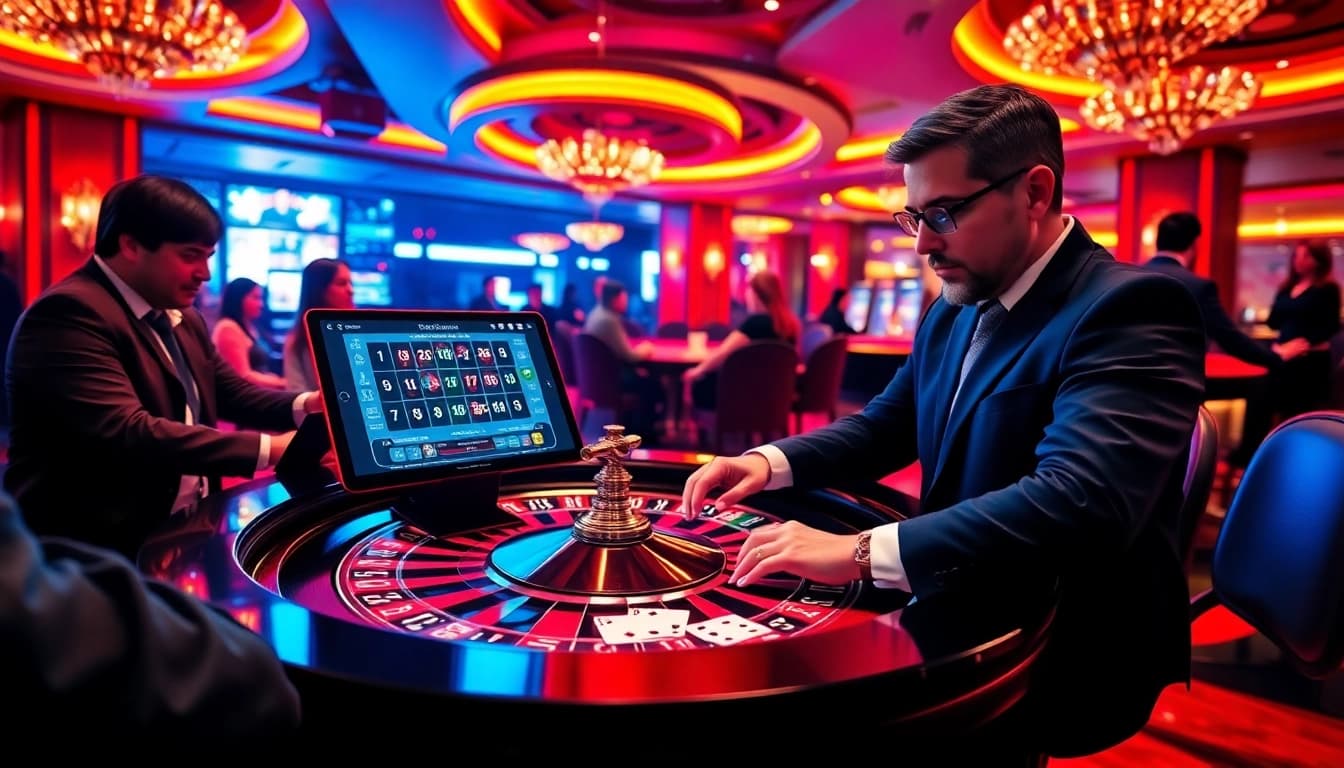 A thrilling scene at RR 88 casino featuring players engaged at a roulette table with vibrant poker chips and cards.
