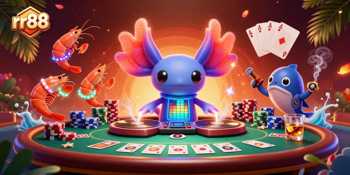 Engage with rr88's vibrant casino scene featuring an axolotl DJ, poker chips, and lively ocean elements.