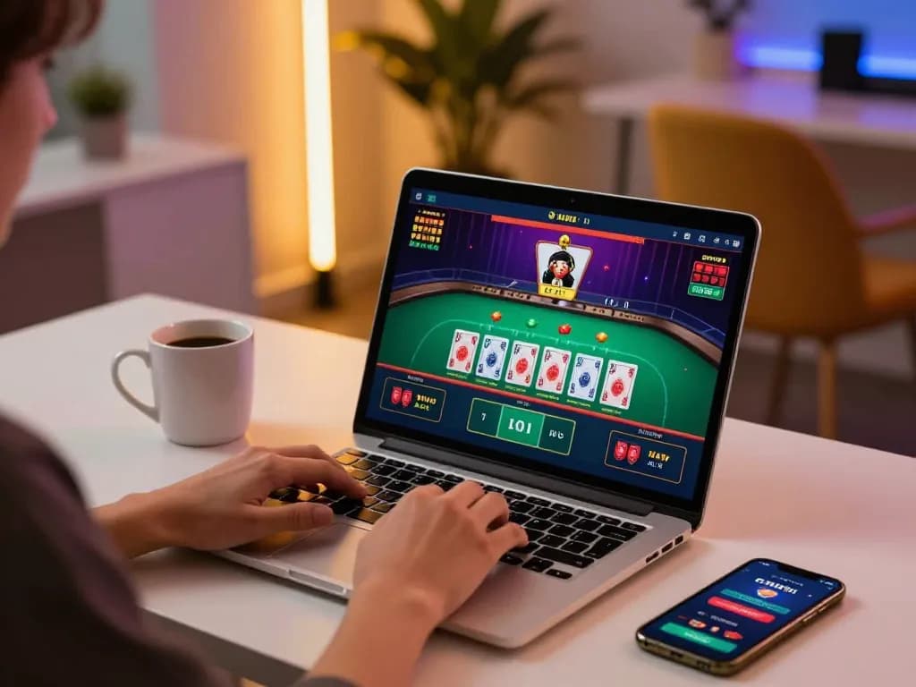 Engage in exciting gameplay at Sun Win with online blackjack on a laptop during a cozy evening.
