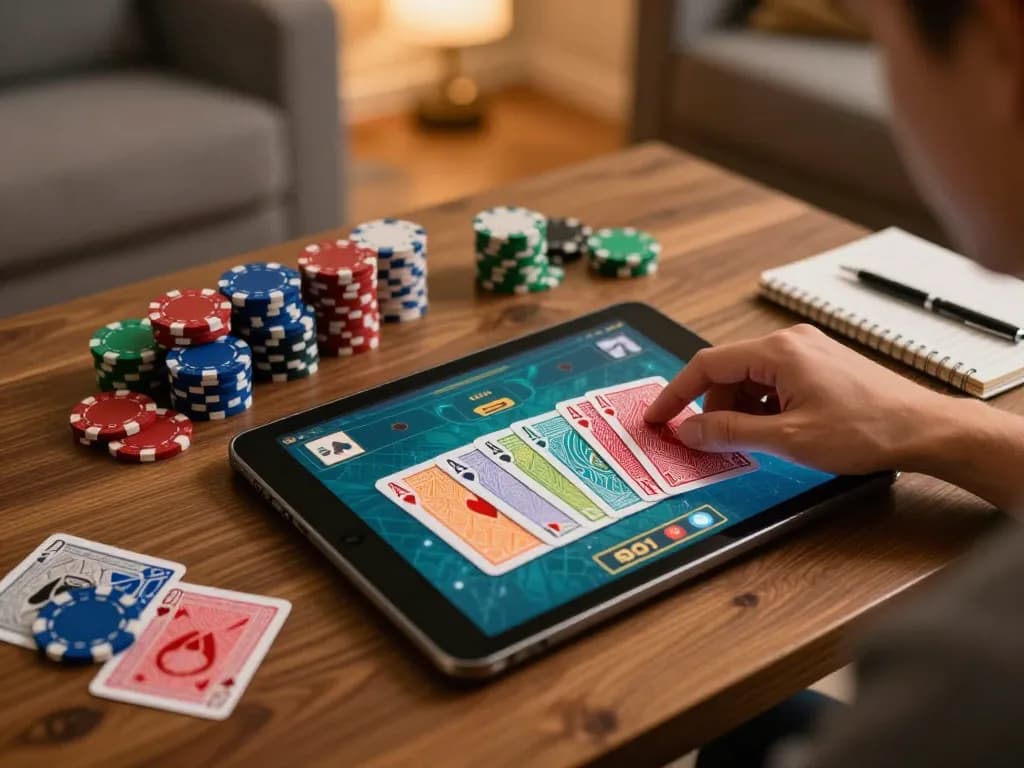 UU88 player engaging in strategic online poker gameplay with focused hand positioning and vibrant cards.