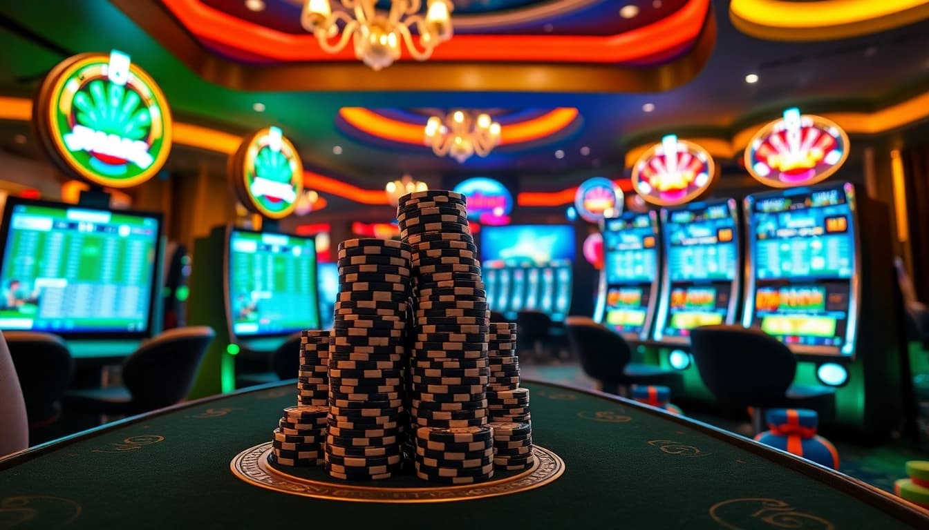 KQBD enhances your sports betting experience with engaging online gambling visuals showcasing poker chips, digital interfaces, and casino ambiance.