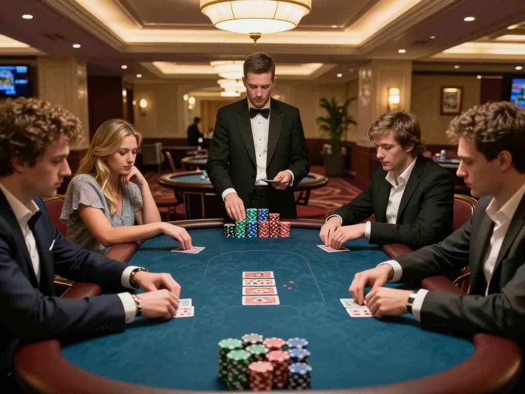 Players strategize and engage in a poker game at a luxury casino, showcasing dinamit4d betting excitement.