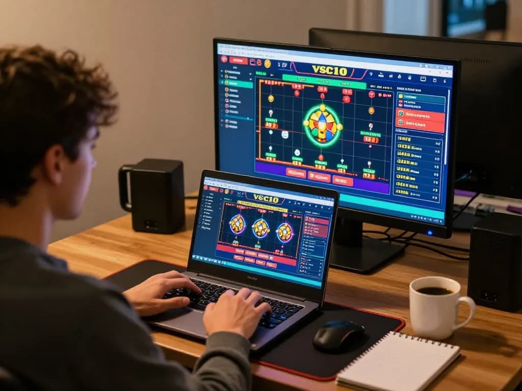 Engaged player using vsc10 for live sports betting on a laptop in a cozy home setup.