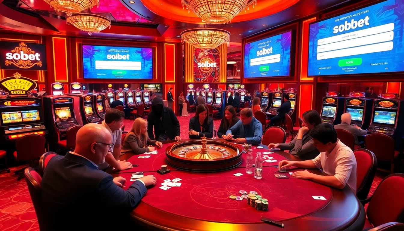 Experience sbobet login excitement at a luxurious casino, with players at a poker table surrounded by chips and cards.