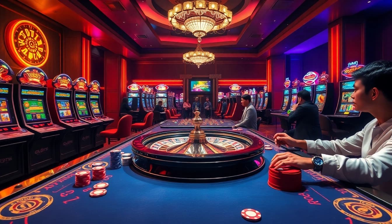 BRO138: Promo akhir tahun Toto Slot Terbaru Murah Hanya 10.000 showcasing vibrant casino gaming with slot machines and poker chips.