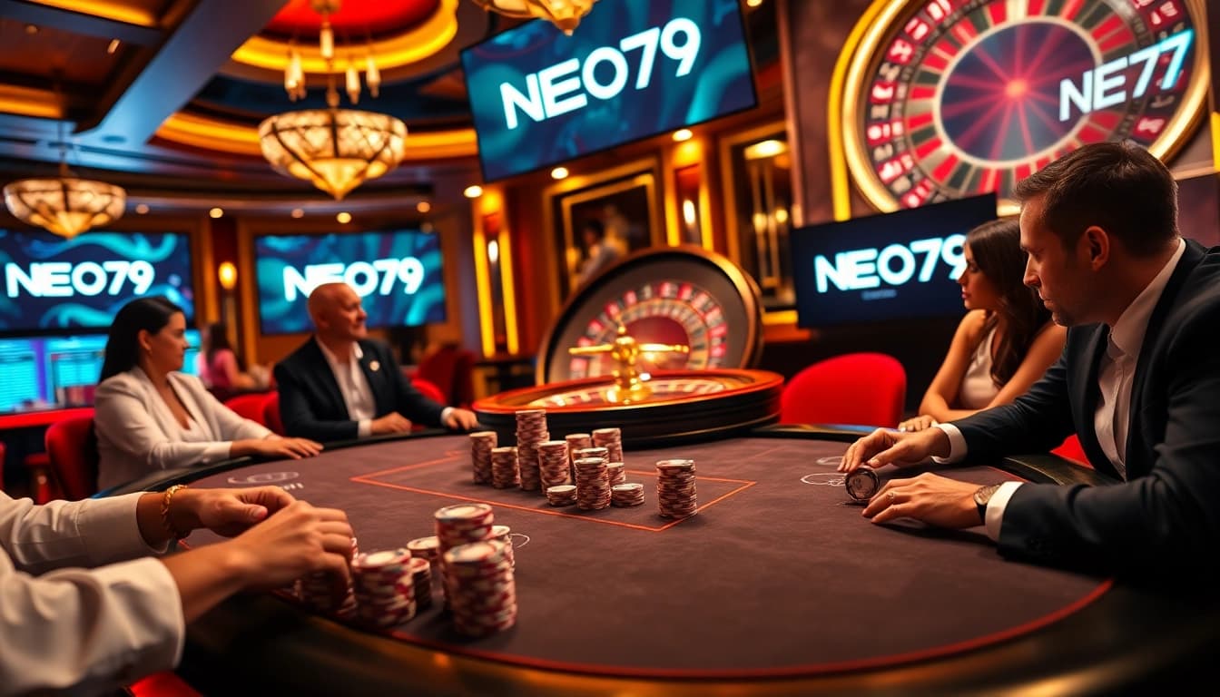 Experience the thrill of poker at NEO79 with luxurious gameplay and vibrant casino visuals.