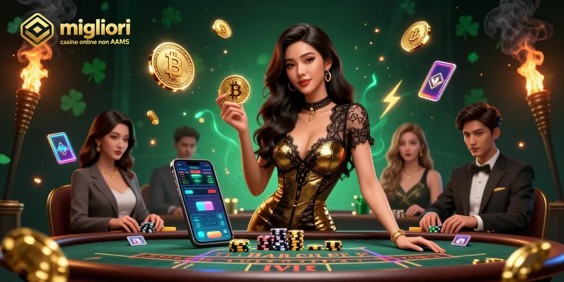 Interagisci con i migliori casino online non AAMS in un ambiente VIP glamour ricco di elementi crypto vibranti.