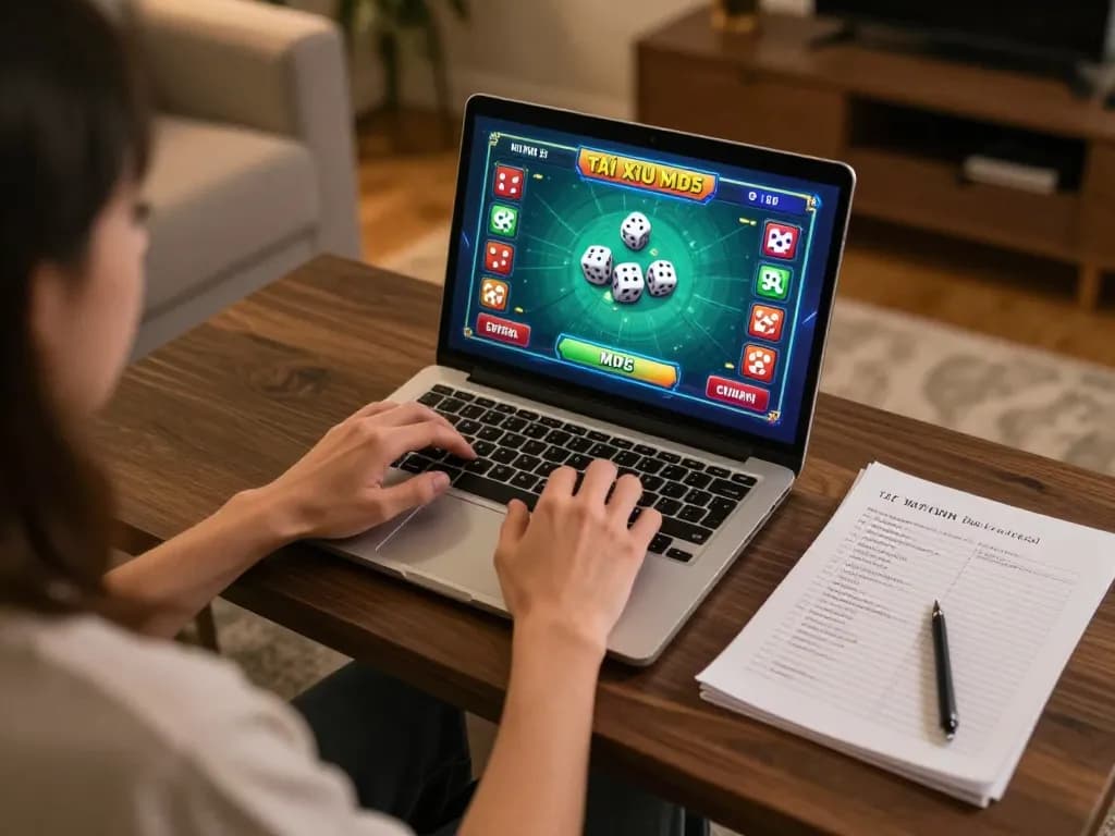 Tài Xỉu MD5 gaming session on a laptop at home, highlighting strategic betting techniques.