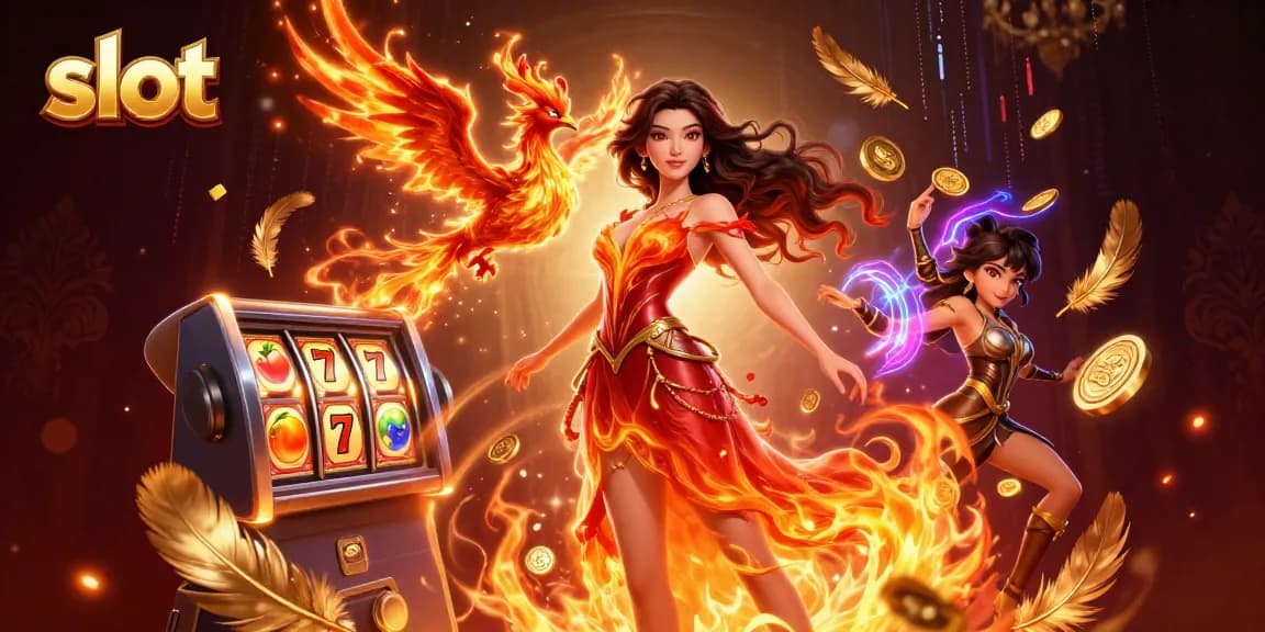 Spin and win with slot machines featuring vibrant symbols and a captivating phoenix in action.