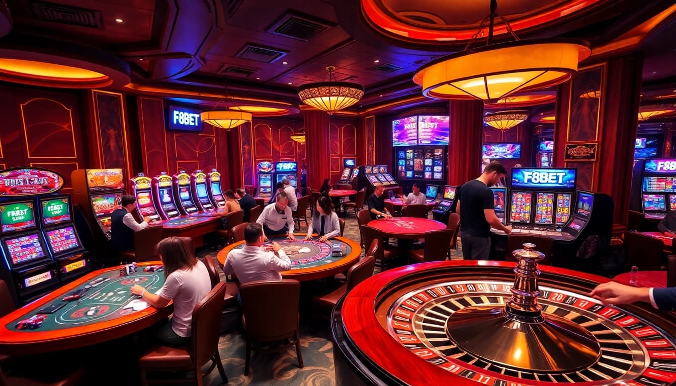 Vibrant F8BET branding scene featuring players enjoying poker and a roulette wheel.