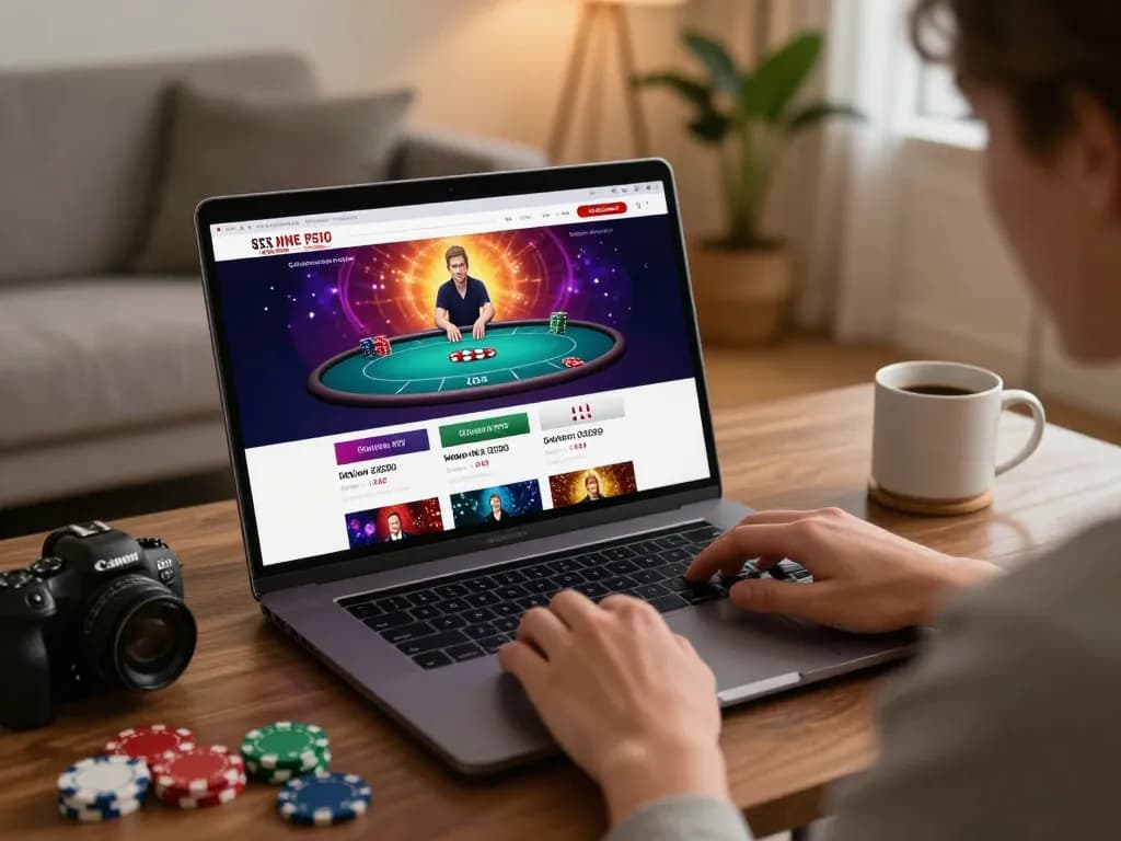 Engaging in a thrilling kkwin poker game on a laptop while relaxing at home