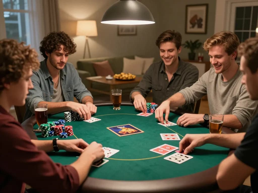 Friends engaging in strategic poker gameplay in a cozy atmosphere at taixiusunwin.art