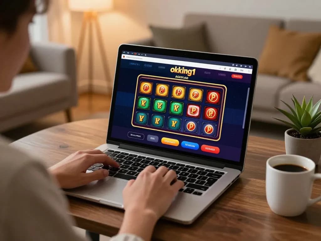 Person engaging in online gambling at okking1 with an immersive home setup and focused expression
