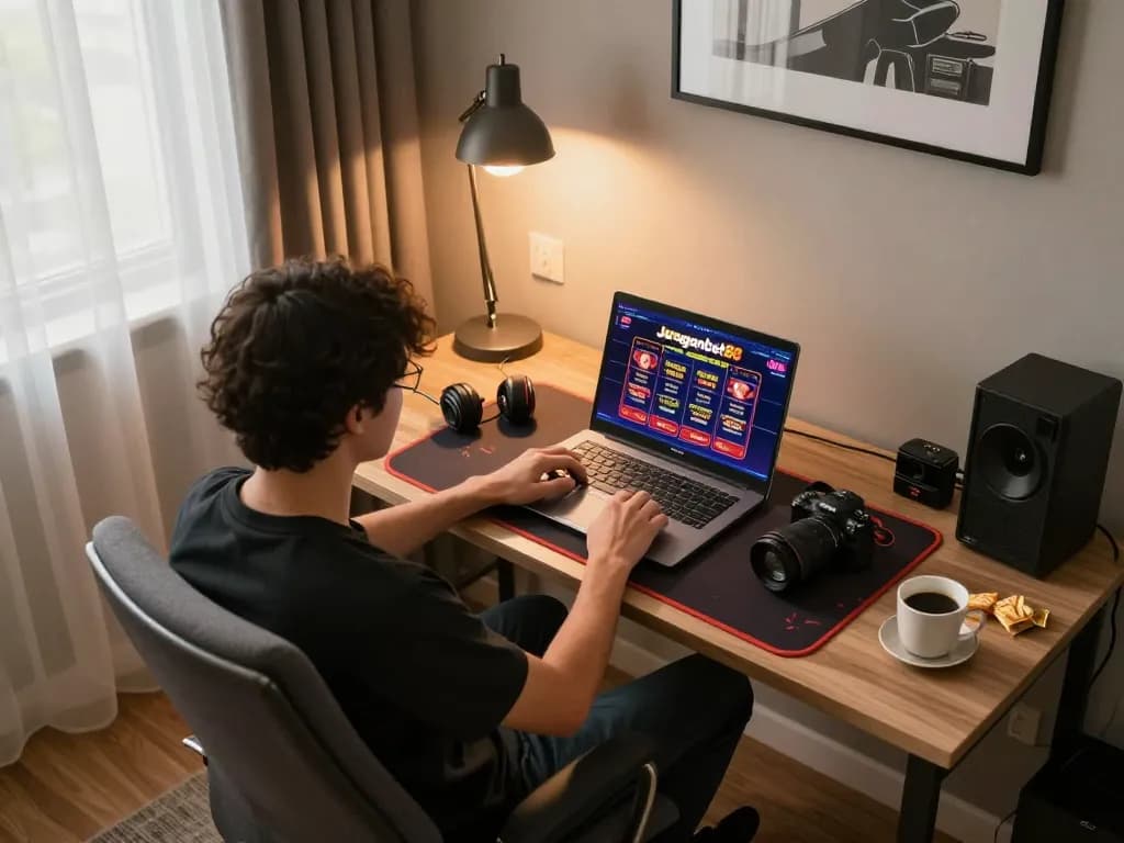 Engaging in online gaming at Juraganbet88 in a cozy home office setup depicting responsible gambling.