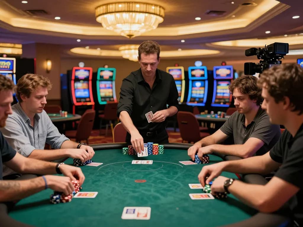 Players strategically betting at F168 poker table in a vibrant casino atmosphere.