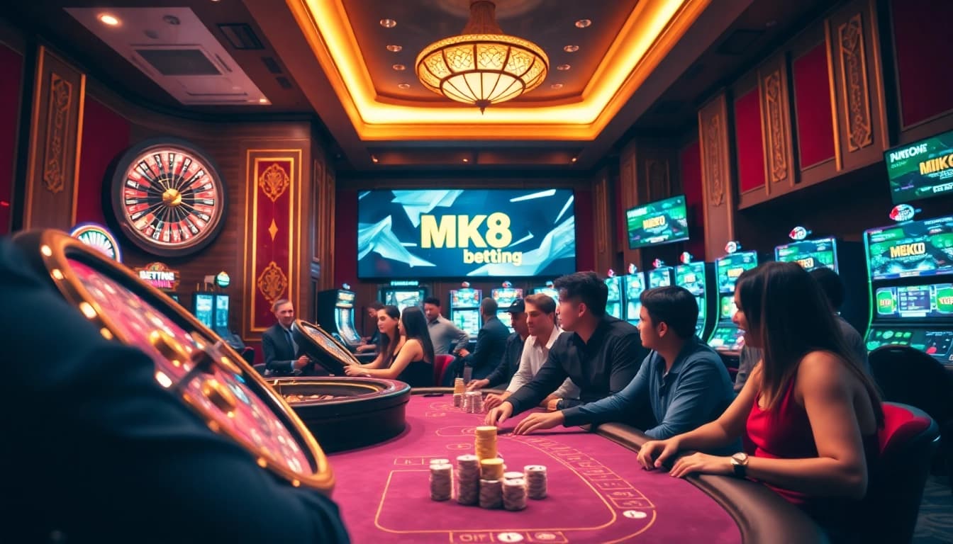 Experience thrilling MK8 betting at a luxurious casino with vibrant tables and excited players.