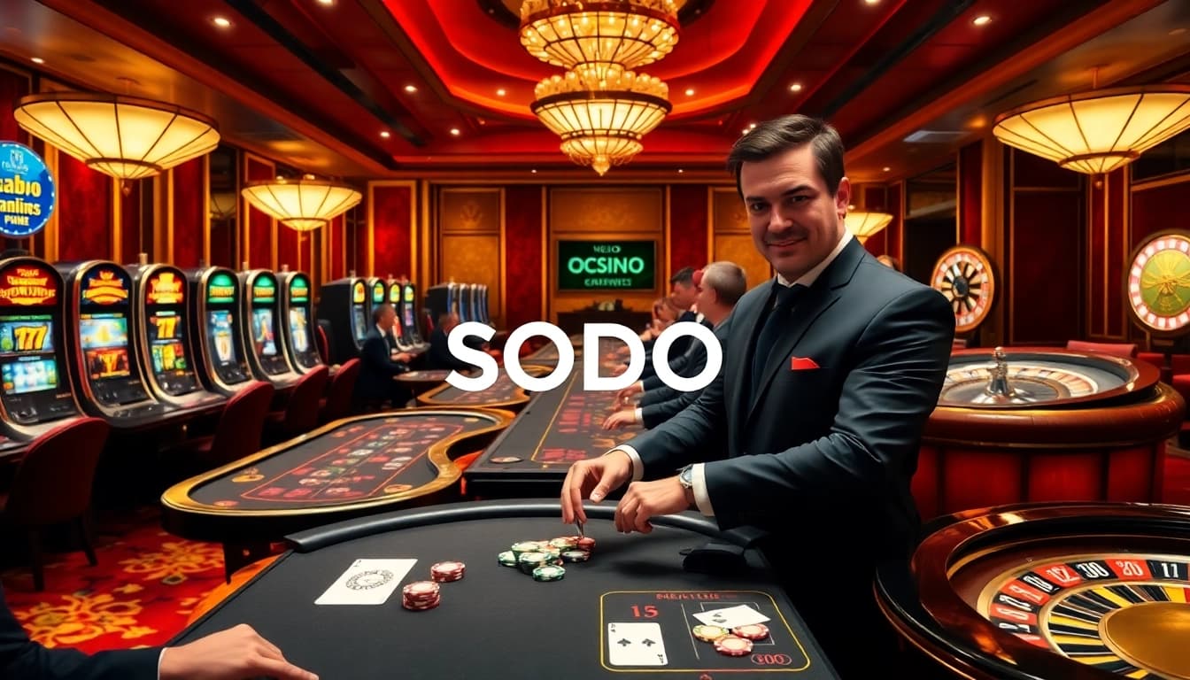 SODO Casino game table with players placing bets and a dealer shuffling cards.